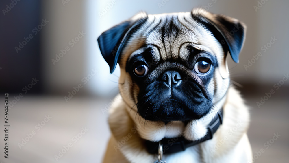 A dog's humble, loving look at its owner. Close-up portrait of a pug on a blurred background at home