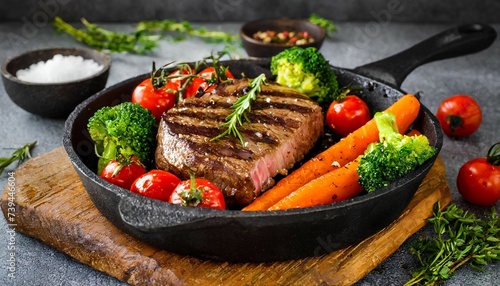 Grilled beef steak with vegetables. Meat, carrot, broccoli and tomato on wooden background 