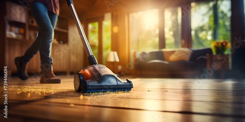 Person using vacuum cleaner to tidy up home and eliminate dust. Concept Household Cleaning, Vacuuming Tips, Dust Removal, Home Organization, Tidying Up photo