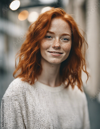 portrait of a happy and attractive girl with natural red hair, isolated white background 