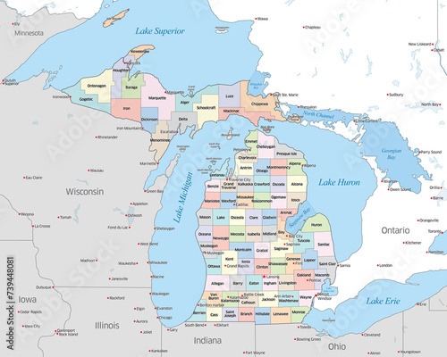 Map showing the various counties that make up the state of Michigan, located in the United States photo