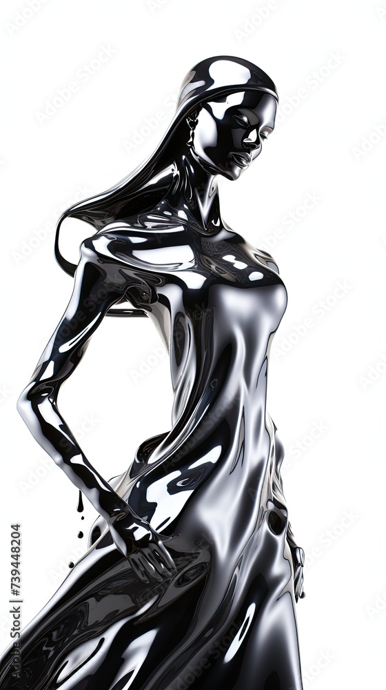 Cascading liquid metal engulfing a futuristic abstract fashion model silhouette, futuristic texture, isolated on a white background Cascading liquid metal engulfing a futuristic abstract fashion model silhouette, futuristic texture, isolated on a white background