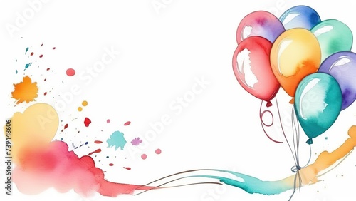 Watercolor white birthday background with balloons, A banner for presentation or congratulations on a holiday or birthday, a place for text.