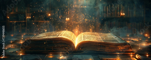 A book floating in an ethereal library pages filled with ancient knowledge and future predictions, fantasy and magic photo