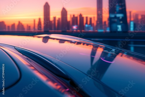 Car on the road with cityscape background at sunset,. mirage of a distant city skyline reflected in the sleek curves of a futuristic car's hood. 