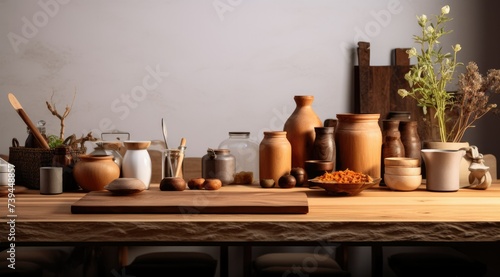 Wooden empty table top in modern kitchen, kitchen panel in interior. Scene showcase, banner © ahsart