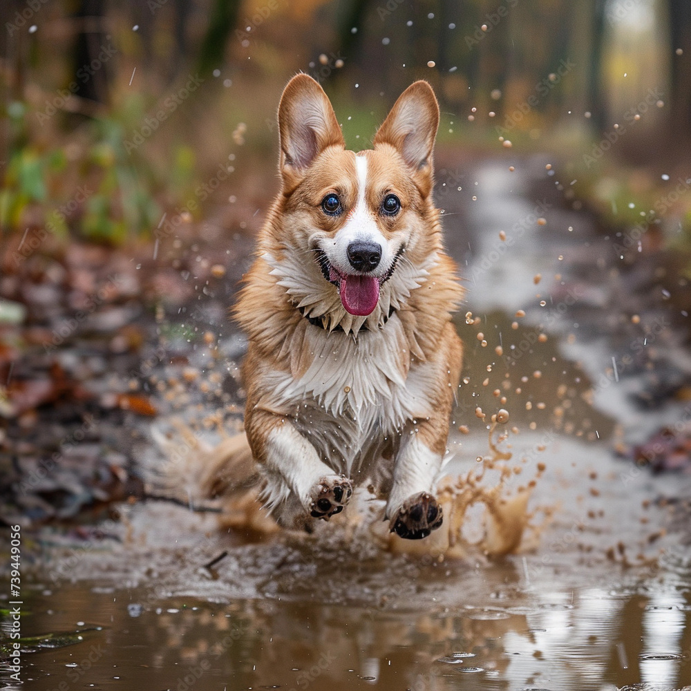 Splash of Joy: A Pembroke Welsh Corgi Running Through a Puddle, Wearing a Delighted Smile and Embracing Playful Water Fun