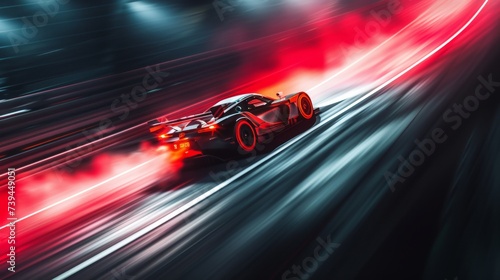 Sport car racing on the road with motion blur. Concept of fast driving. Race car driver leaning into a turn, surrounded by the blur of speed, tire smoke, and vibrant track lights.  photo