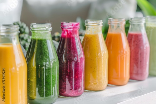 freshly squeezed smoothies in colorful bottles, a healthy vegan drink, a nutritious cocktail.