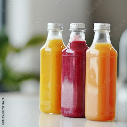 freshly squeezed smoothies in colorful bottles, a healthy vegan drink, a nutritious cocktail.