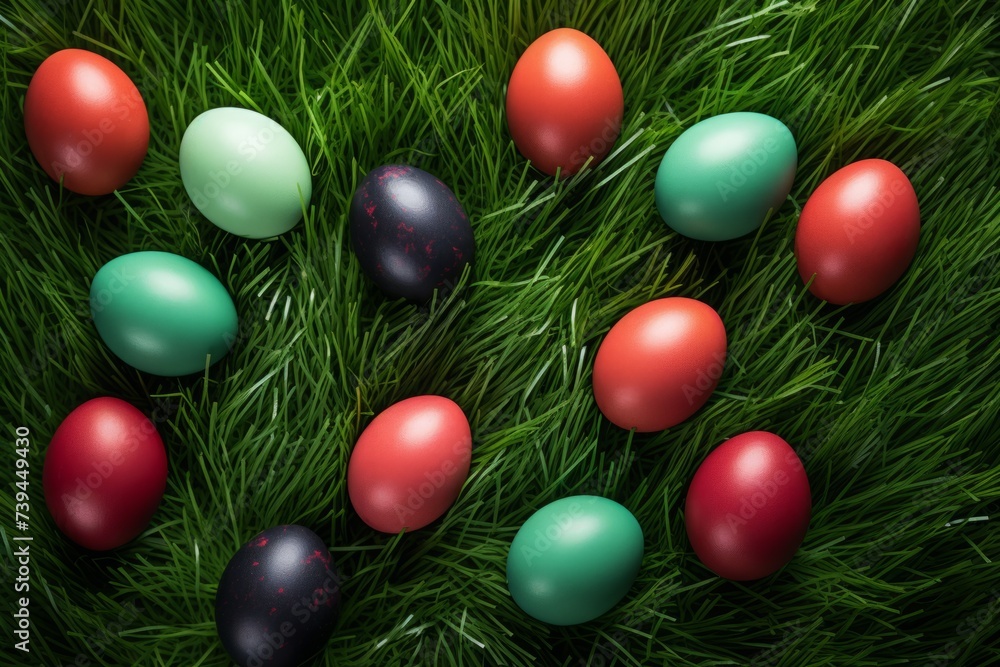 Obraz premium painted Easter eggs are lying on the grass, top view. Easter concept.