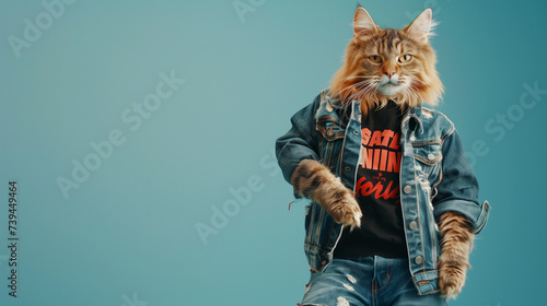 Rocker cat with t-shirt and jeans jacket