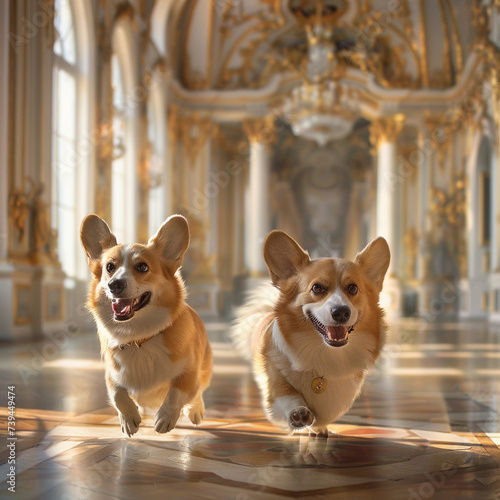 Palatial Paws  Two Pembroke Welsh Corgis Exploring the Splendor of a Palace  Bringing Energetic Fun to a Noble Setting