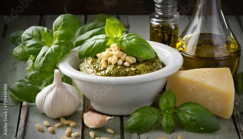 Pesto sauce with basil and nuts on wooden table