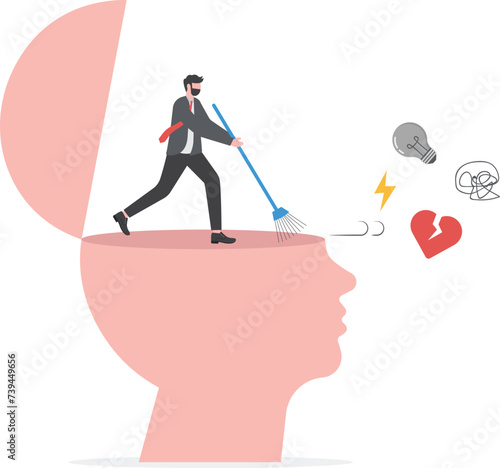 Man with psychological problems tries to help himself. Concept of psychotherapy session, psychological consultation and abstract problems concept. Vector illustration in cartoon design

