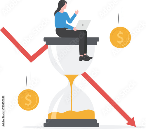 Sad woman sitting on an hourglass. Concept of financial crisis, Bankruptcy, money problem, fund downfall, falling income, risk and investment failure. Vector illustration in flat design for web banner