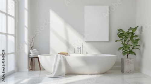 MINIMALISTIC MOCKUP OF white canvas sized at an aspect ration of 3:2 landscape orientation, in BRIGHTLY LIT SCENE, even lighting, LIGHT NEUTRAL and modern TONES, modern elegent bathroom with feminie a © Natalja