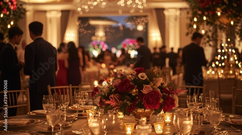 An elegant evening event, people in formal attire, beautifully decorated venue, capturing the essence of a sophisticated gathering. Resplendent.