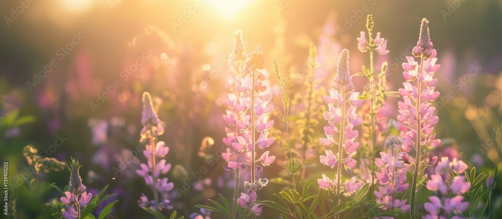 Obraz premium banner field with wildflowers, petals illuminated by the sun, blossom, concept spring, summer, natural background