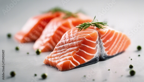 sliced salmon, isolated white background, copy space for text