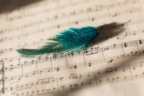 piano sheet on paper with a turquoise feather, vintage style 