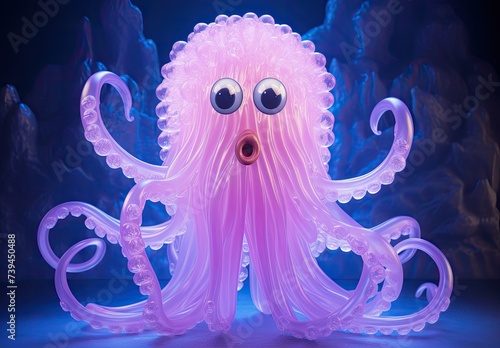 Closeup of octopus or jellyfish toy. Plastic figurine made of glass, plastic, other material. Sticky sad monster. Illustration for banner, poster, cover, brochure or presentation.