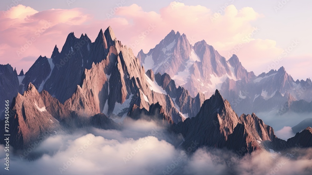 Panoramic view of a mountain range with peaks in monochrome. Foggy and overcast. Illustration for cover, card, postcard, interior design, banner, poster, brochure or presentation. Panoramic view of a mountain range with peaks in monochrome. Foggy and overcast. Illustration for cover, card, postcard, interior design, banner, poster, brochure or presentation.