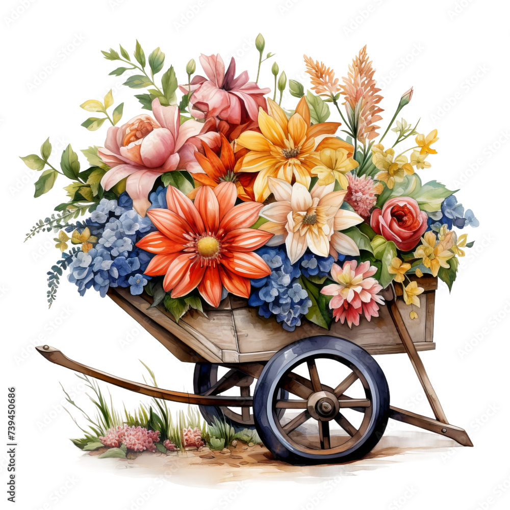 a bouquet of flowers in a wooden wheelbarrow
