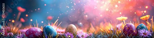 Easter landscape with colorful eggs in the grass and flowers. Mesmerizing display of beautiful abstract easter eggs header wallpaper. 3d illustration © mandu77