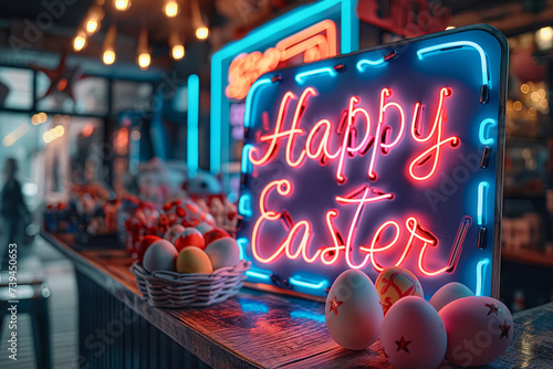 Buntes Neonschild mit der Aufschrift „Frohe Ostern“
