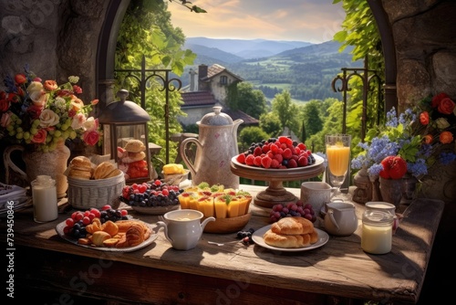 Scenic breakfast arrangement with fresh fruits, pastries, and juices in a charming morning scene