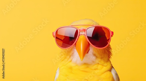 Canary in sunglasses close-up. Portrait of a canary. Anthopomorphic creature. Fictional character for advertising and marketing. Humorous character for graphic design. photo