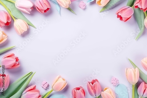 Festive women's day march 8th concept with pastel frame, tulips, and gift boxes