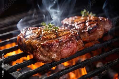 Dynamic scenes of charcoal grilled steak with sizzling, smoke, and caramelization photo