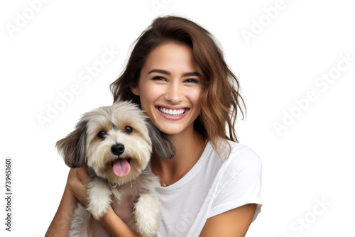 Portrait of beautiful women hugging cute dog with smile and hppiness isolated on background, lovely moment of pet and owner. photo