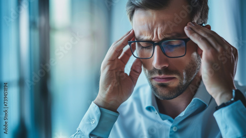 young man with his eyes closed, holding his temples as if experiencing a headache or stress.