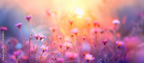 banner field with wildflowers, beautiful pink sunrise, sunset, blossom, concept spring, summer, natural background © iloli