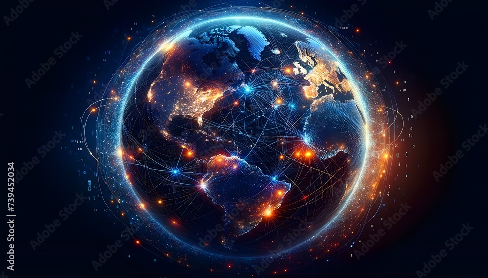 A digitally generated Earth, glowing with a network of lines and dots, representing global interconnectedness.