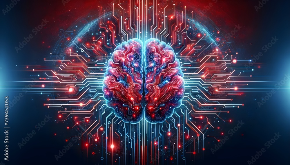 a computer-generated artwork featuring a realistic human brain with a circuit board embedded within its folds. The brain appears partially transparent, revealing the intricate circuitry beneath. - obrazy, fototapety, plakaty 
