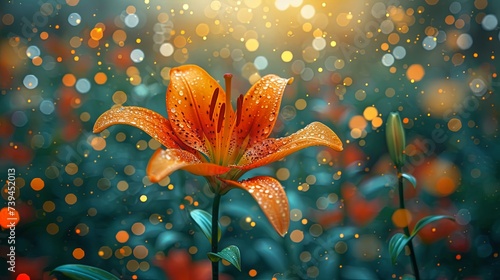 A close-up of a lily flower. Natural background. Illustration for cover, card, postcard, interior design, banner, poster, brochure or presentation.