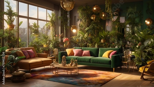 Architectural Digest photo of a maximalist green solarpunk living room with lots of flowers and plants, golden light, hyperrealistic surrealism, award winning masterpiece with incredible details photo