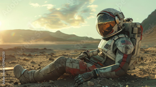 A man in a space suit is sitting on the ground, taking a rest. The astronaut appears to be resting after an extravehicular activity