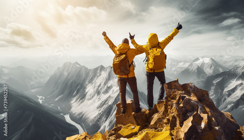 Two hikers in yellow celebrating success on top of the mountain photo