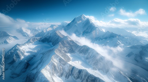 Beautiful landscape of snow-capped mountains. Top view of snowy peaks of mountain.