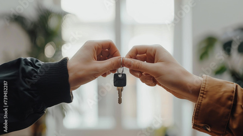 Two hands giving keys to an apartment on a white background