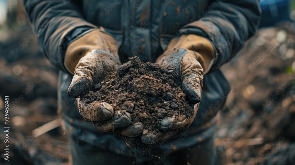 A farmer wearing gloves is seen holding a handful of dirt in their hands. The soil appears rich and dark, suggesting fertility. The persons hands are dirty, indicating they have been working the land