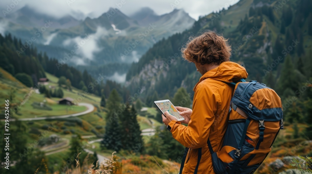 A man with a backpack is seen standing in the mountains, carefully studying a map in his hands to navigate the rugged terrain and find his way through the challenging landscape