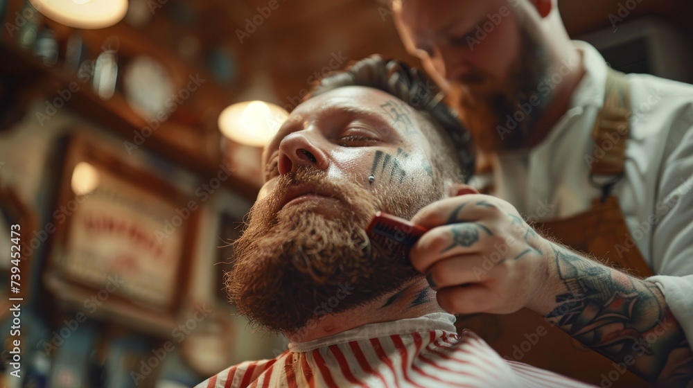 A man is seated in a barber chair, receiving a haircut from a barber. The barber is using scissors and a comb to trim the mans hair