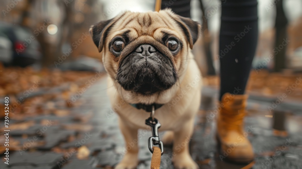 A pug dog is standing on a leash in the rain on a street, looking around with water droplets on its fur. The scene captures the dogs interaction with the weather elements
