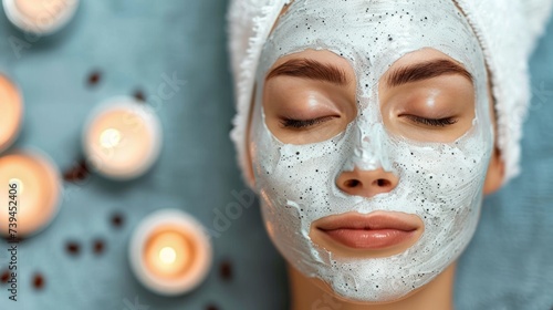 A woman with a white mask covering her face, pampering herself with a skincare routine at home photo